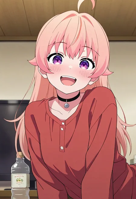 masterpiece,best quality,amazing quality, wakatsuki nico, long hair, light pink hair, purple eyes, 1girl, solo, ahoge, choker, looking at viewer, smile, blush, open mouth, red shirt, black choker, indoors, shirt, bottle