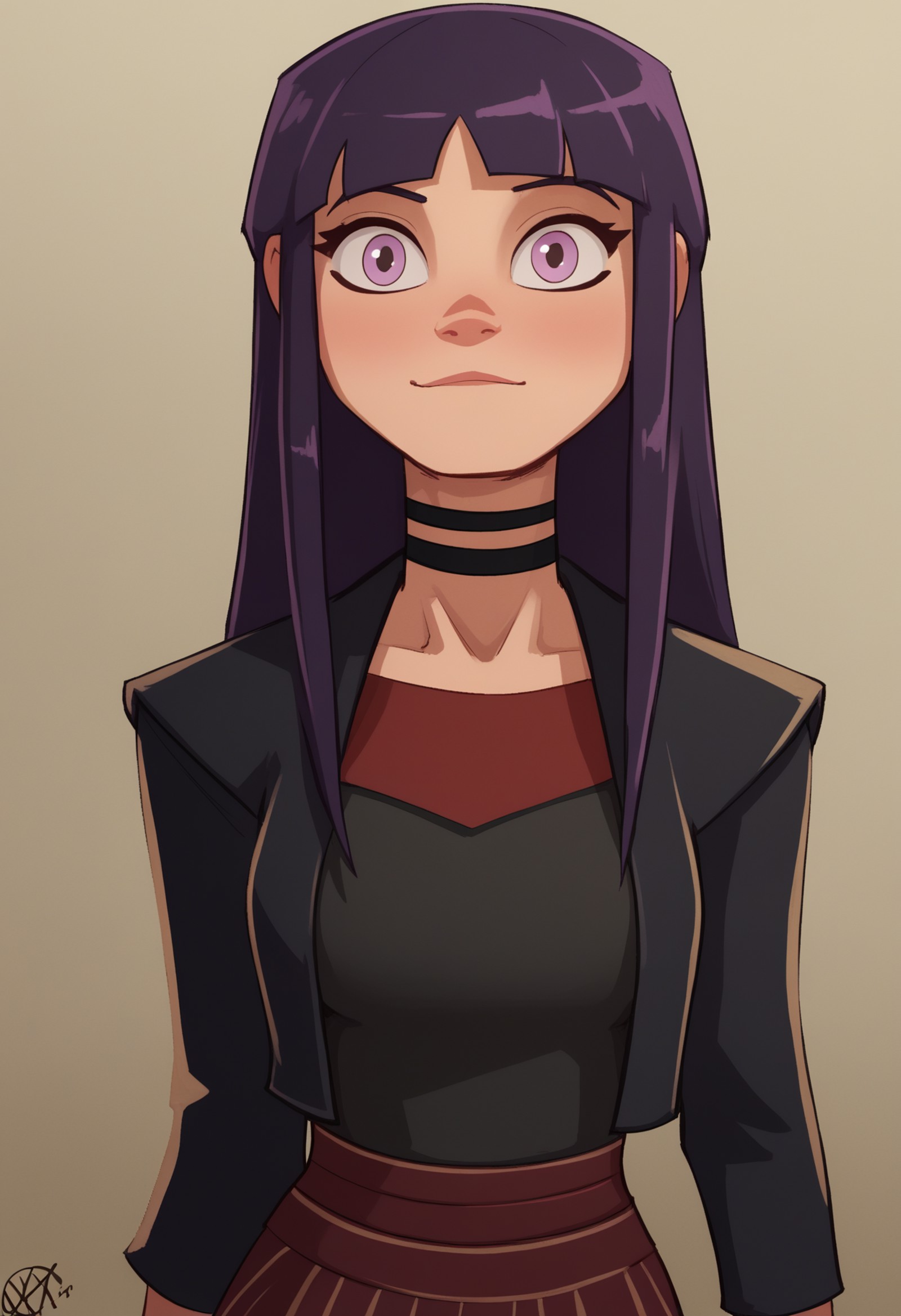 shagfish, 1girl, solo, looking at viewer, upper body, long hair,  long bangs, black choker,medium breasts, skirt,<lora:Hagfish_Artist_Style:1>