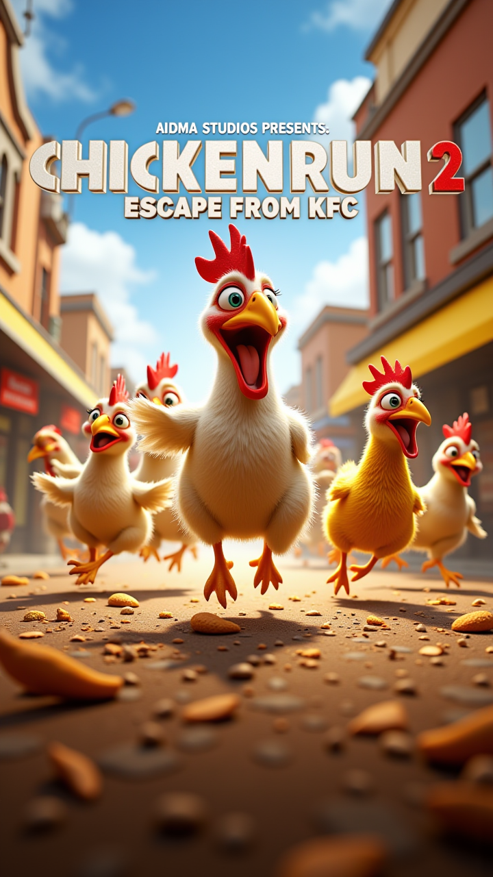 "AIDMA Studios presents: Chicken Run 2: Escape from KFC" where chickens make an elaborate escape plan from a fast-food chain, running for freedom.    aidmaTextImprover, aidmaImageUpdater, aidmahyperrealsim