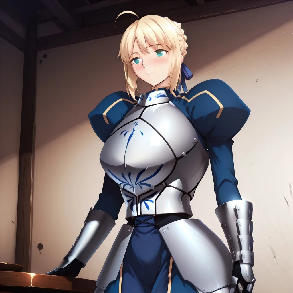 1girl, 2000s \(style\), 4ng3l face, absurdres, ahoge, anatomically correct body parts, anime_coloring, anime screencap, anime_style, armored dress, artoria pendragon (fate), best quality, blonde hair, blue dress, blue ribbon, blush, bottom heavy, braided bun, breastplate, bubble butt, chestplate, covered breasts, curvy, estrus, faulds, french braid, full figure, gauntlets, green eyes, hair ribbon, hprhndls, huge ass, huge breasts, huge hips, Huge thighs, hyper breasts, hyperhandles, impossible armor, impossible clothes, juliet sleeves, love handles, long legs, long skirt, long sleeves, masterpiece, matching eye color, perfect anatomy, plate armor, ribbon, Round Ass, saber (fate), seductive smile, short hair, sidelocks, single hair bun, skintight, small waist, steel armor, thick legs, thick thighs, top heavy, turtleneck, ultra detailed eyes, venus body, very aesthetic, very awa, very huge breasts, voluptuous, well-endowed, wide hips, pkkloah, raita, anime coloring,anime style,anime screen cap,uncensored,detailed eyes,huge ass,thick thighs, pauldrons,ultra detailed eyes,raised eyes,seductive smile,blush, Tworship, (((breastplate))), (((impossible clothes))), very aesthetic, very awa