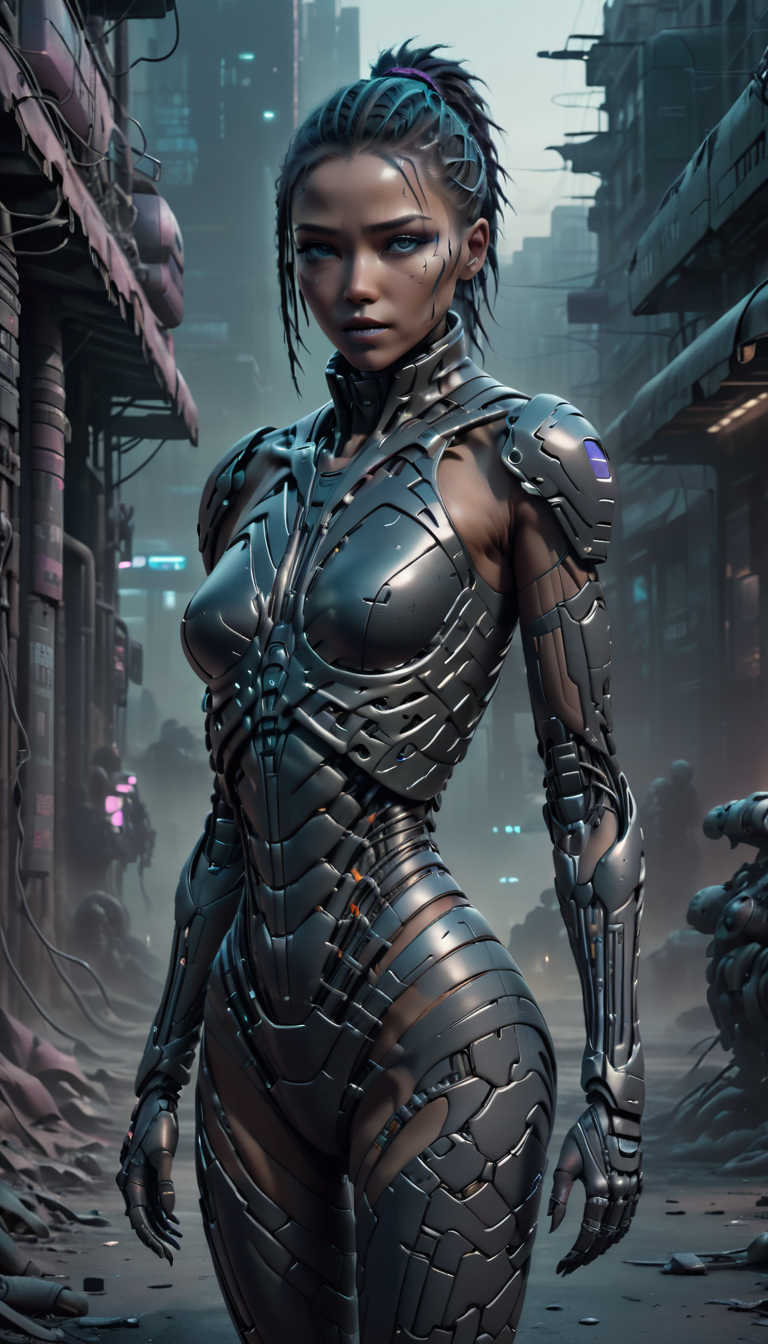 Positive prompt: cyberpunk robot woman, cyborg style, human head, stillsuit, natural skin, spine is visible, eerie twilight adding to the atmosphere of this scifi street, showcasing unique blend of organic and artificial elements, visually stunning with contrasting colors and textures, emphasizing the tension between the natural and artificial worlds in this cyberpunk scifi environment, <lora:wowifierXL:.5> <lora:StillsuitXl_1.21:.7>