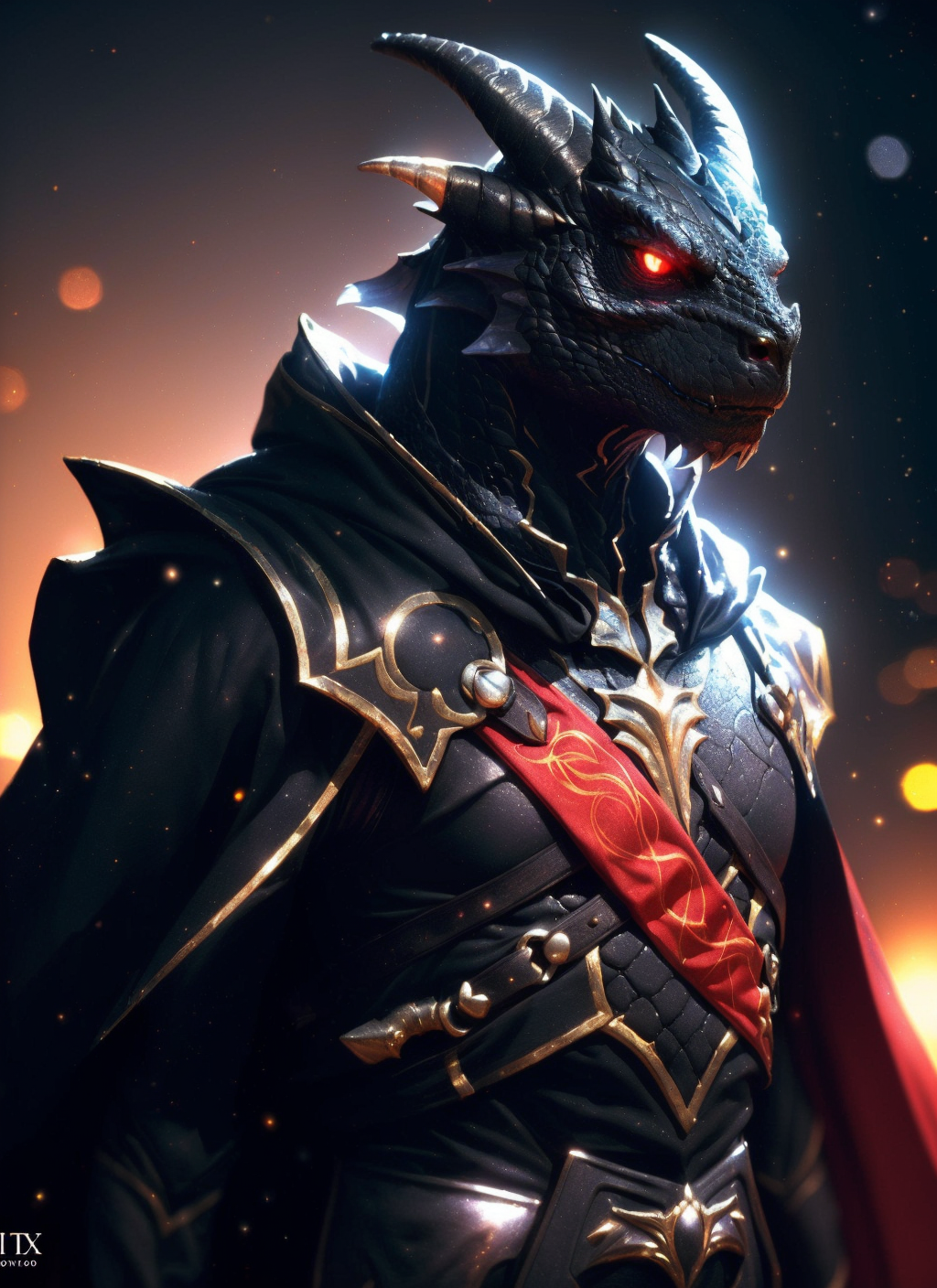 black dragonborn, solo, red eyes, male, upper body, male focus, horns, cape, armor, glowing, glowing eyes
, volumetrics dtx, (film grain, blurry background, blurry foreground, bokeh, depth of field, motion blur, realistic:1.3)
, ((masterpiece, best quality)), art by greg rutkowski  <lora:dragonborn_offset:1>