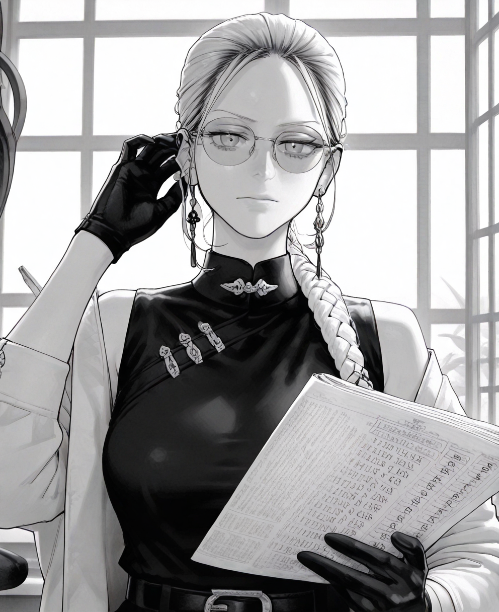 <lora:gokurakugai:1> gokurakugai,
(masterpiece), (best quality), (ultra-detailed), amazing quality, very aesthetic, illustration, perfect composition, intricate details, absurdres, incredibly absurdres, shiny skin, realistic,
 gokurakugai, monochrome, , greyscale, 1girl, earrings, gloves, , jewelry, solo, looking at viewer, glasses, braid, belt, closed mouth, upper body,  paper, long hair, , paper, general