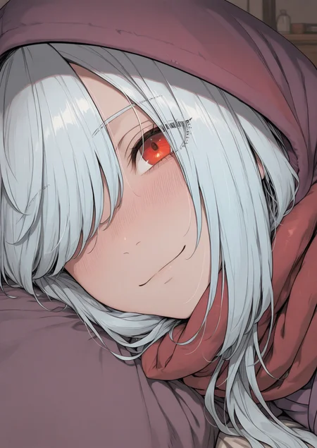 "1girl, solo, lying, smile, looking at viewer, closed mouth", bedroom
BREAK
<lora:Tu_Linger_V4:0.8>,Tu_Lingâer, white hair,red eyes, long hair, asymmetrical bangs, side-swept bangs,(hair covering one eye:1.2), hood up, wearing hood, purple hood, red scarf, purple cloak, long purple cloak,
<lora:illustriousXLv01_stabilizer_v1.165c:0.5>, <lora:aosiai123_style:1> traditional media, aosiai123_illu,, masterpiece, best quality, amazing quality, very aesthetic, absurdres, newest,