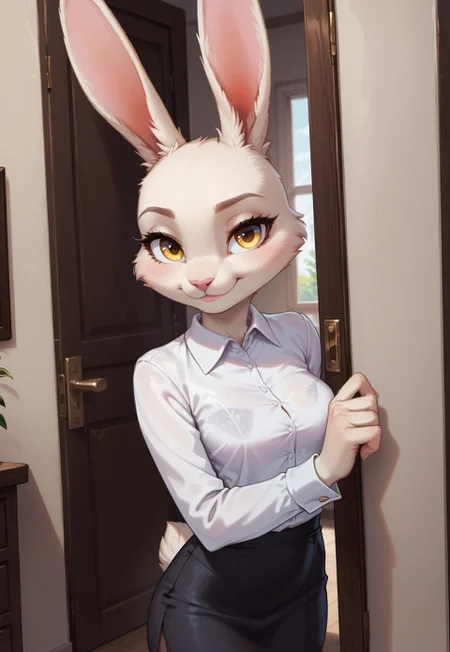 safe_pos, score_9, score_8_up, score_7_up, highres, high quality, perfection, masterpiece,
indoors, office,
1girl, solo, no humans, front view, cowboy shot, pov doorway,
furry female, (anthro bunny girl: 1.2), white fur, detailed fur, beautiful girl, cute girl, young adult, youthful, (bald girl, bald head, hairless, no hair), petite girl, detailed face, beautiful face, eyelashes, perfect eyes, detailed eyes, yellow eyes, medium breasts, (detailed hands), 5fingers,
office lady, white shirt, taut shirt, black skirt, pencil skirt,
standing, looking at viewer, naughty face, seductive smile, beckoning