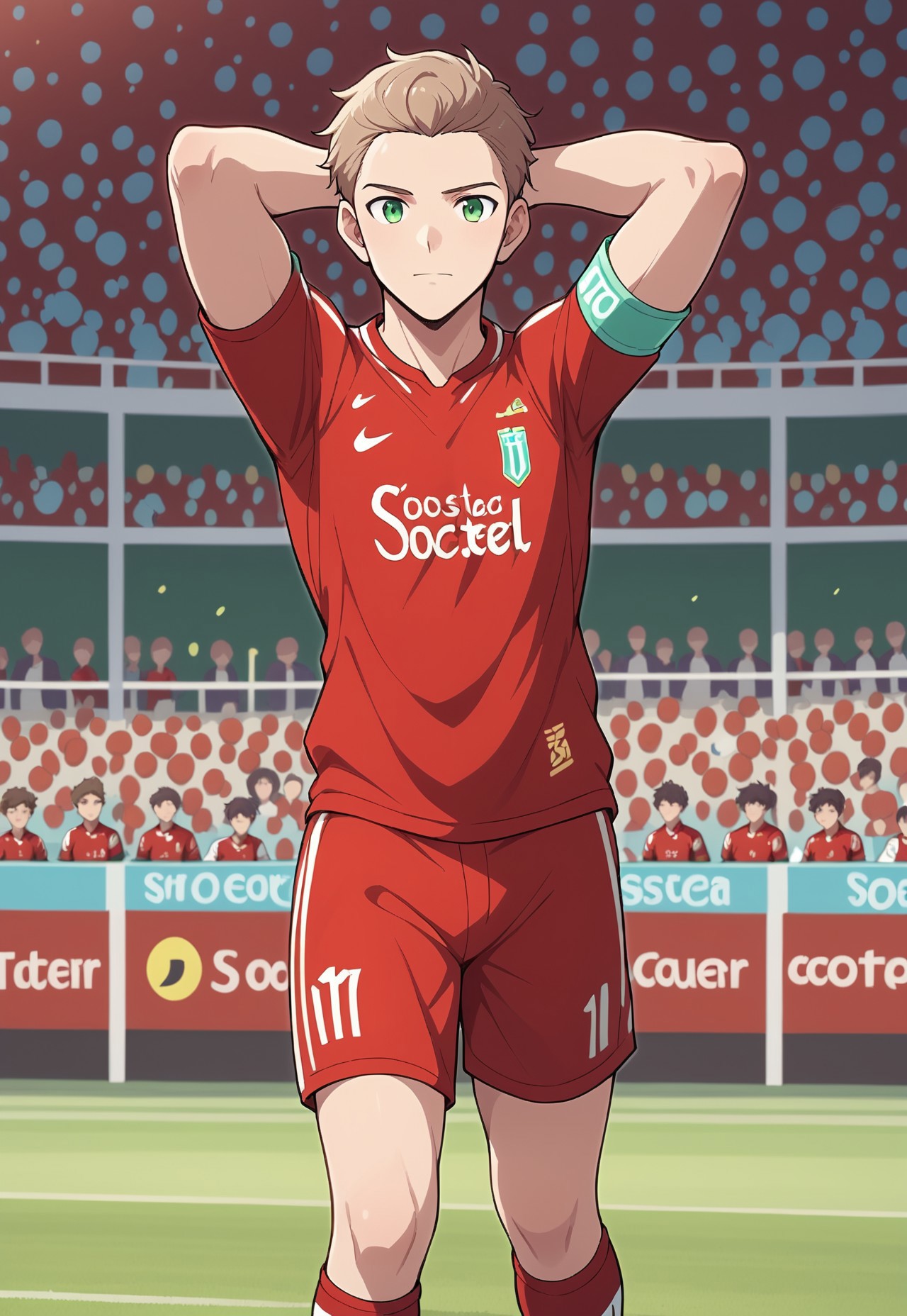 safe_pos, score_9, score_8_up, score_7_up, source_anime, front view, BREAK, ( soccer_player, green eyes, light brown hair, correct hair, best eyes, standing, arms behind head, neon green armband, red soccer shirt, red soccer shorts, red soccer socks, white soccer boots, ) 1boy, male focus, solo, BREAK, soccer pitch, soccer ball, soccer stadium, other people in crowd,