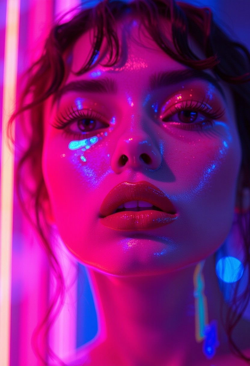 This is a vibrant, high-fashion photograph featuring a close-up of a woman's face, bathed in a kaleidoscope of neon lights. The image is dominated by a striking, dramatic color scheme with pink, blue, and yellow hues creating a mesmerizing, almost holographic effect. The woman's face is illuminated with these vibrant colors, creating dramatic shadows and highlights on her skin.