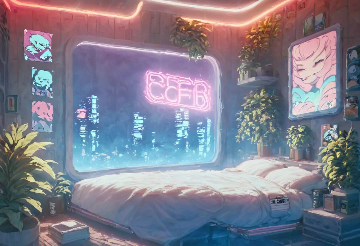 score_9,score_8_up,score_7_up,score_6_up,
steaming coffee cup on windowsill, plants on the windowsill, wall of plants, monstera plant, large plant, tidy bedrrom, small room, cramped bedroom, teddies on the bed, cyberpunk city view out of the window, neon light, purple neon lights, posters, posters on the wall, anime posters, lewd posters, anime girls on the poster