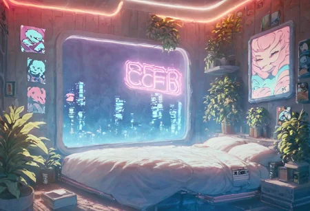 score_9,score_8_up,score_7_up,score_6_up,
steaming coffee cup on windowsill, plants on the windowsill, wall of plants, monstera plant, large plant, tidy bedrrom, small room, cramped bedroom, teddies on the bed, cyberpunk city view out of the window, neon light, purple neon lights, posters, posters on the wall, anime posters, lewd posters, anime girls on the poster