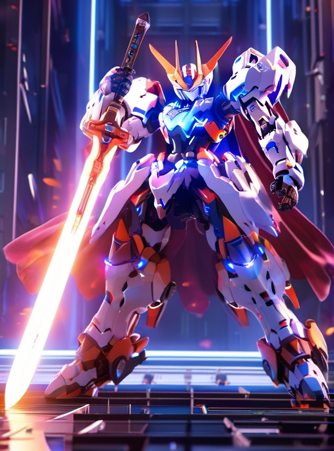 Arcana, blue eyes, cape, clenched hand, glowing, holding, holding sword, holding weapon, mecha, no humans, robot, science fiction, solo, standing, sword, weapon
 <lora:Arcana_XL:0.85>