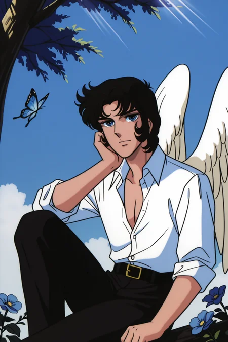 <lora:VersaillesnoBara:1>, VersaillesnoBara, retro artstyle, 1boy, butterfly, bug, male focus, blue butterfly, wings, shirt, sitting, solo, pants, black hair, white shirt, outdoors, black pants, feathered wings, belt, day, blue eyes, looking at viewer, flower, knee up, angel wings, short hair, parted bangs, white wings, collared shirt, sky, sunlight, tree, dress shirt, blue sky, black belt, sleeves rolled up, hand on own face, hand up, blue flower, buckle, closed mouth, partially unbuttoned