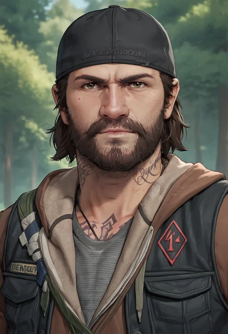 score_9, score_8_up, score_7_up, BREAK 1boy, solo, mature male, looking at viewer, upper body, muscular, portrait, closed mouth,
beard, mustache, short hair, black vest, brown hoodie, tattoo, baseball cap, backward hat,
standing, grey shirt,
outdoors, forest path, sunny, <lora:Deacon_St._John:1>