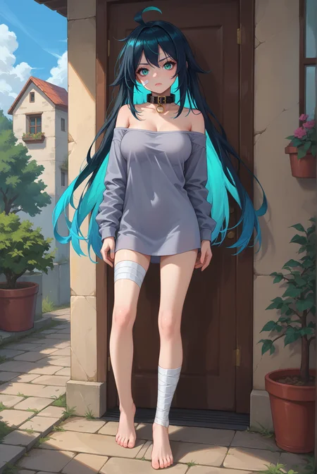 score_9, score_8_up, score_7_up, score_6_up, source_anime, 1girl, (large breasts:1.4), solo, gakuenw3ndy, <lora:WendyGakuen2-PDXL-V1:1>
BREAK (colored inner hair, black hair, aqua hair, very long hair),
BREAK (grey shirt, bandages, bandaged leg, no pants, off shoulder, collar:1.4),
BREAK (looking at viewer, full body, serious, aqua eyes, standing:1.2), outdoors