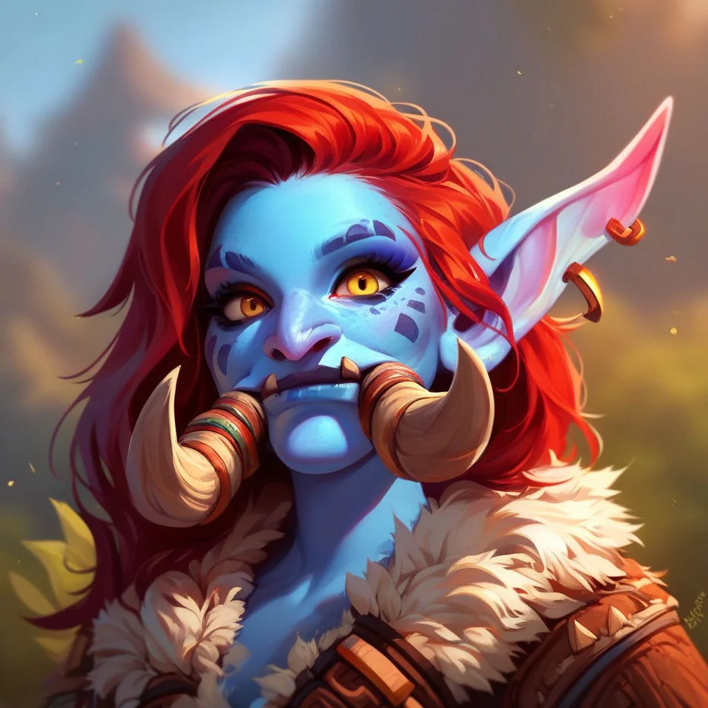 (((beautiful, high quality))), upper Body, score_9, score_8_up, score_7_up, 
Trolls, large pointed ears, large nose, fangs, tusks, 1 girl, blue skin, red hair, yellow eyes, fur clothes, tribal clothes,
looking at the viewer, posing, 
blurred background,