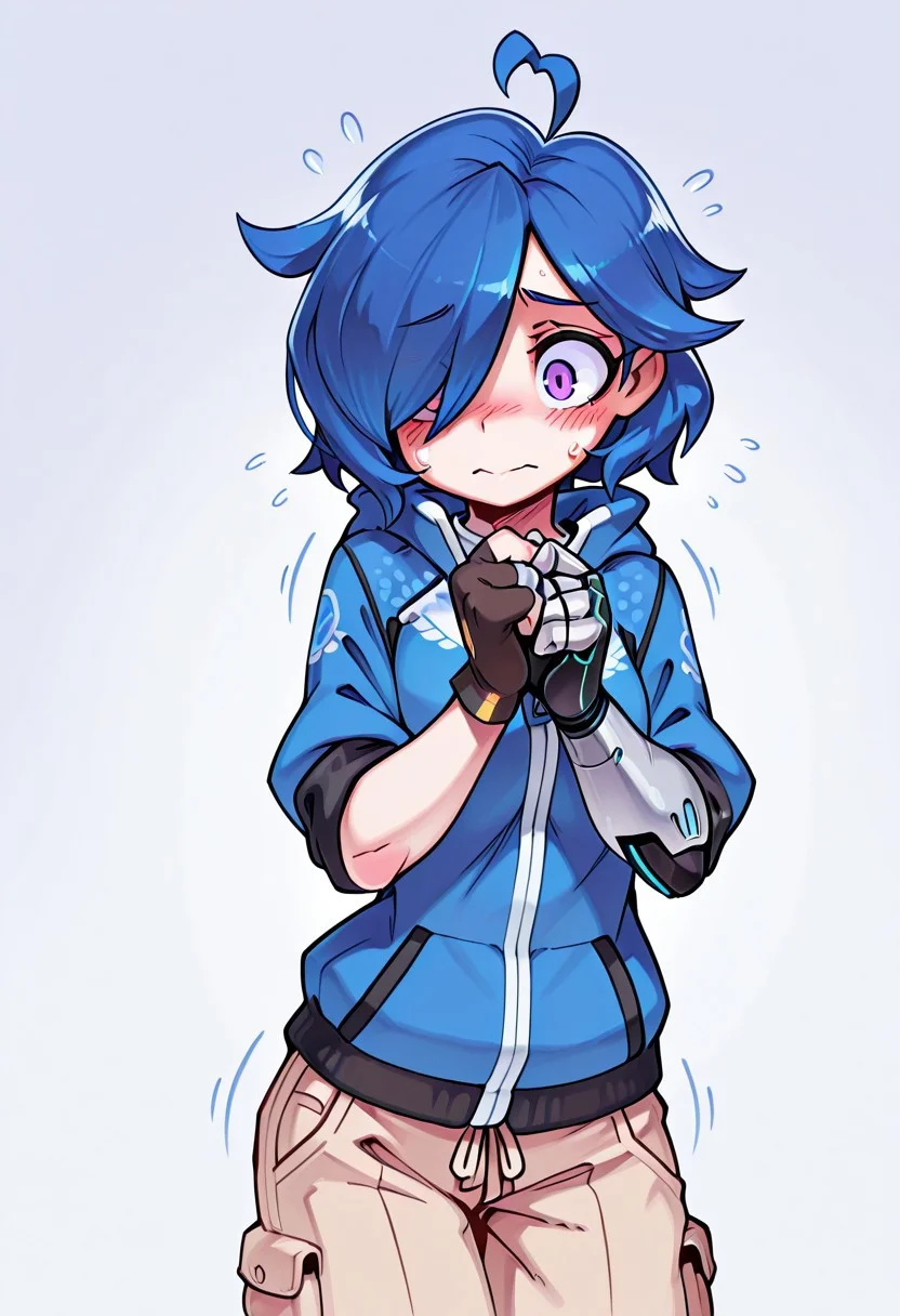 masterpiece,best quality, 2D, Kabrap, 1girl, solo, Tari, Blue Hair, ahoge, Purple Eyes, Hair Over One Eye, Blue Jacket, White Shirt, Single Fingerless glove, Single Mechanical Arm, Beige Pants, shy, nervous, fidgeting