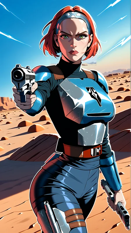 2d, fantasy-style, (zPDXL2), (((cowboy shot))), (((dynamic pose))), (((dynamic angle))), sehele style, webtoon, anime, centered, 1girl, 1woman, solo, (((holding a blaster))), Mandalorian metal armor, skintight pants, determined expression, pointing at viewer, red hair, green eyes, hairband, short hair, bo-katan kryze, desert, sky, star wars, <lora:sd_xl_dpo_lora_v1:1>, <lora:OMG-Is-DucHaiten_v1.0:0.1>, <lora:Seunghee_Lee_Style_PDXL:0.4>, <lora:ManhwaSDXL:1.5>, <lora:Bo-Katan_Kryze_I_Clone_Wars:0.8>