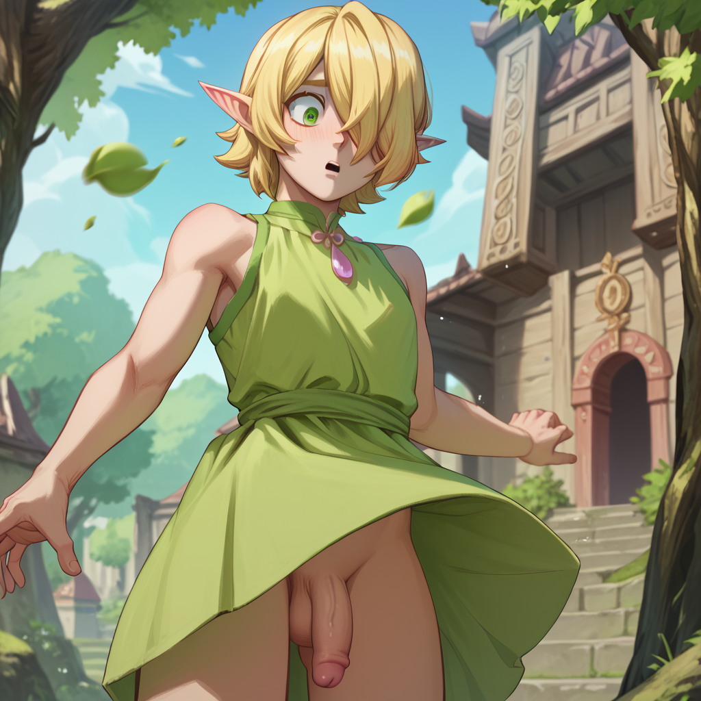 <lora:SlimesFemGinro:1>, score_9, score_8_up, score_7_up, slimes_femginro, elf ears, short hair, hair over one eye, lean physique, yellow hair, green eyes, short dress, wind blowing, upskirt, exposed flaccid penis, large penis, surprised expression, nervous expression, elven temple background