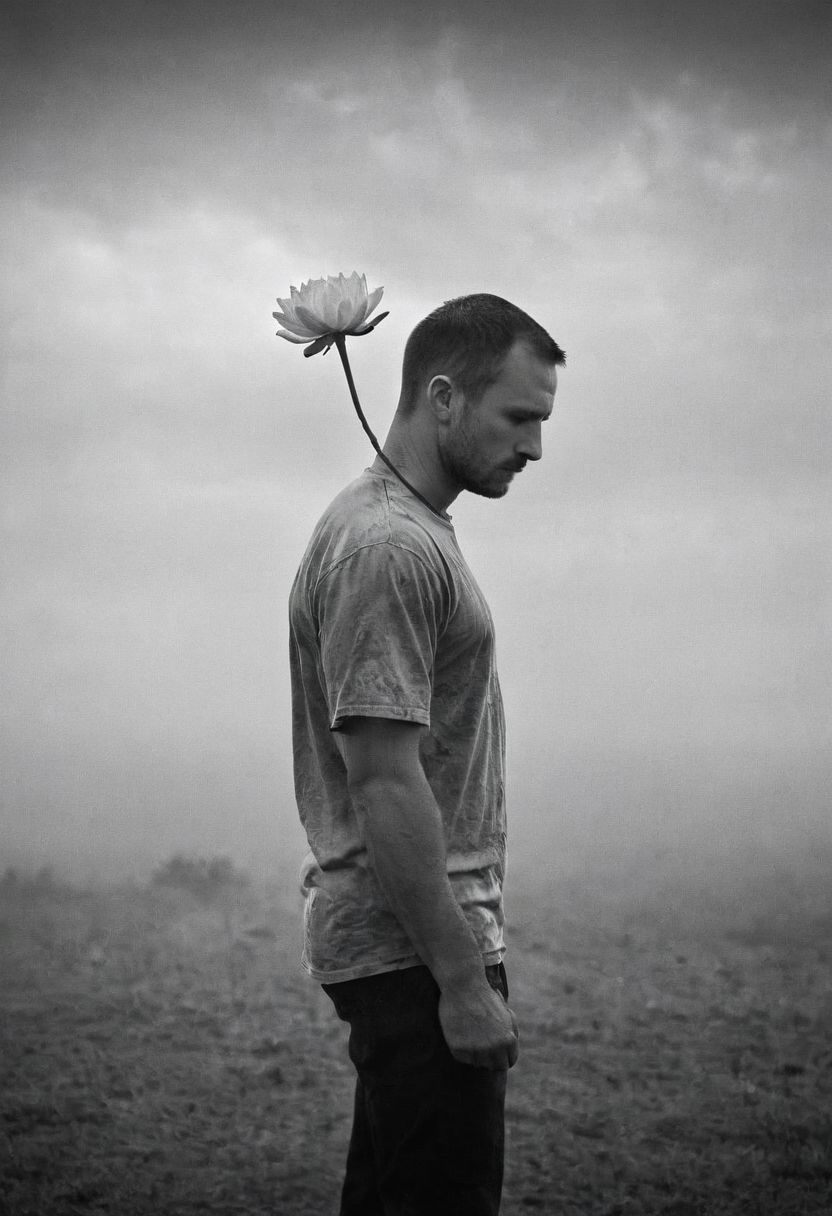 This modern art photograph is a profound exploration of human emotion, a visual poem that delves into the complex depths of sadness, loneliness, and regret. The subject, a man, becomes a vessel of raw emotion, his head bowed not only in physical but emotional weight. The black-and-white palette, enhanced by the graininess, adds a timeless quality, evoking a sense of nostalgia and melancholy. The slow shutter speed captures the hazy movements, a blur of his inner turmoil, while the double exposure with the upside-down flower symbolizes the fragility and beauty of life, a poignant contrast to his stoic expression.
shot on Canon EOS 5D Mark III captures every nuanced detail, from the flawless hairs to the subtle gradient backdrop, creating a minimalist and tranquil setting that accentuates the subject's inner world. This image, a fusion of cinematic and conceptual art, plays with perception, inviting viewers to reflect on their own interpretations. It is a powerful portrayal of a man grappling with his thoughts, a moment of quiet despair, beautifully and hauntingly frozen in time, leaving a lasting impression of emotional depth and vulnerability.
