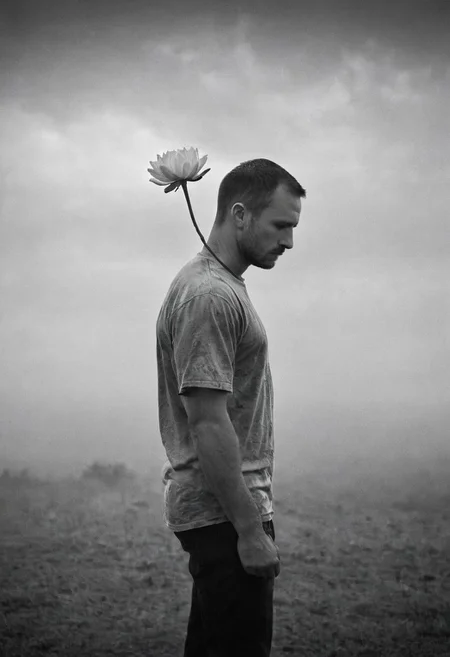 This modern art photograph is a profound exploration of human emotion, a visual poem that delves into the complex depths of sadness, loneliness, and regret. The subject, a man, becomes a vessel of raw emotion, his head bowed not only in physical but emotional weight. The black-and-white palette, enhanced by the graininess, adds a timeless quality, evoking a sense of nostalgia and melancholy. The slow shutter speed captures the hazy movements, a blur of his inner turmoil, while the double exposure with the upside-down flower symbolizes the fragility and beauty of life, a poignant contrast to his stoic expression.
shot on Canon EOS 5D Mark III captures every nuanced detail, from the flawless hairs to the subtle gradient backdrop, creating a minimalist and tranquil setting that accentuates the subject's inner world. This image, a fusion of cinematic and conceptual art, plays with perception, inviting viewers to reflect on their own interpretations. It is a powerful portrayal of a man grappling with his thoughts, a moment of quiet despair, beautifully and hauntingly frozen in time, leaving a lasting impression of emotional depth and vulnerability.