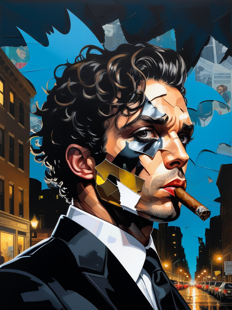 <lora:11VisualArt_Hap_XL:1.5>,Sandra Chevrier style,collage,torn paper effect ,pop art, comic book, Batman, Robin, superhero,  man with undercut black curly hair, brown eyes and stubble in black suit looks a little disheveled with a lit cigar in his mouth facing to the side at night with street lamp light shining on him full body picture