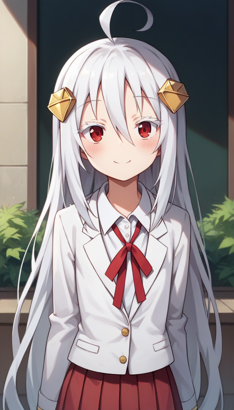 score_9,score_8_up,masterpiece,best quality,correct anatomy,anime_source,1girl,solo,perfect eyes,perfect arms,perfect legs,perfect face,outdoors,upper body,(portrait:1.5),looking at viewer,facing viewer,smile,blush,Hikari Kongo,ahoge,very long hair,white hair,hair ornament,hair between eyes,bangs,colored eyelashes,red eyes,loose clothes,school uniform,white jacket,blazer,neck ribbon,red ribbon,white shirt,collared shirt,long sleeves,flat chest,red skirt,pleated skirt,black socks,brown footwear,<lora:Hikari Kongo(huc)-Pony:1.2>,