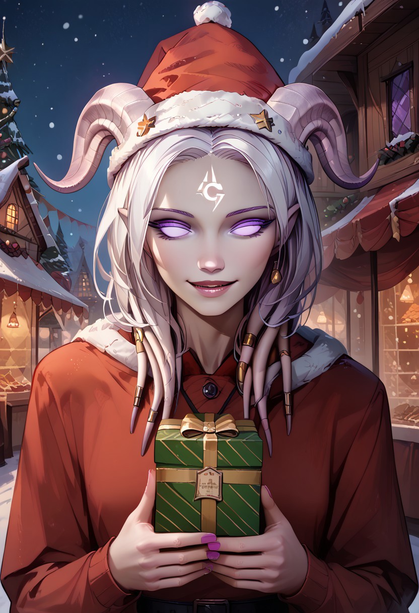 (absurdres, best quality, masterpiece:1.4), score_9, score_8_up, score_7_up, score_6_up, detailed, detailed body, detailed face, 
culDraenei, purple eyes, no sclera, no pupils, long ears,
Santa_Dress, Santa Hat, 
upper body, soft smile, holding a present, 
outdoors, fantasy market background, market stalls, food, snow, sunshine