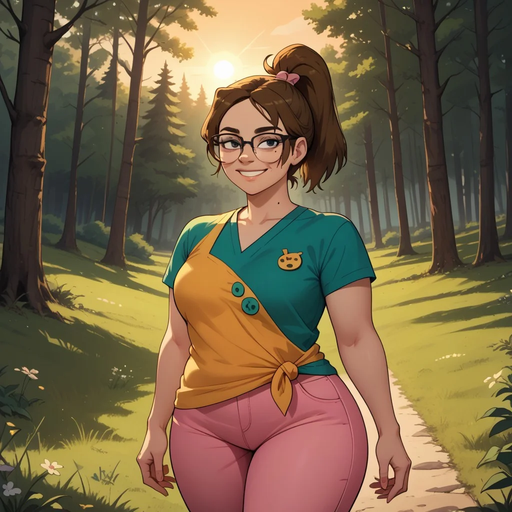 score_9, score_8, BREAK, solo, tied shirt, pink pants, glasses, brown hair, ponytail, mole under mouth, button badges, plump, curvy, sneakers, total drama, Beth_(Total_Drama), cute, breasts, sexy pose, self portrait, smile, outdoors, sunlight, shadows, evening lighting, natural lighting, forest, trees, grass, orange sky, sunset