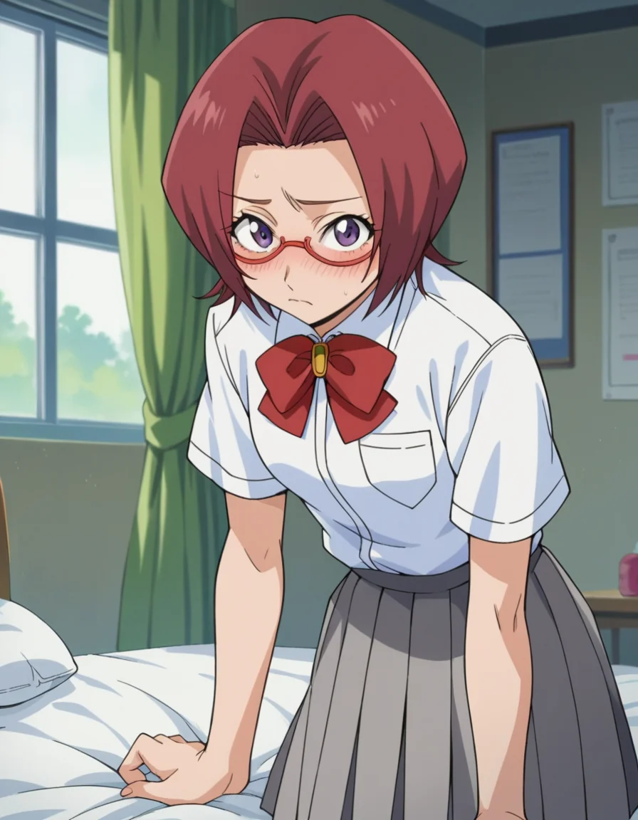 score_9, score_8_up, score_7_up, source_anime,
chizuruhonsho, <lora:chizuru-honsho-s1-ponyxl-lora-nochekaiser:1>,
chizuru honsho, short hair, red hair, purple eyes, glasses,
skirt, shirt, bow, school uniform, white shirt, short sleeves, pleated skirt, bowtie, red bow, red bowtie, grey skirt,
indoors, bed, bed room, on side, blush, drunk,
looking at viewer, dutch angle, cowboy shot,