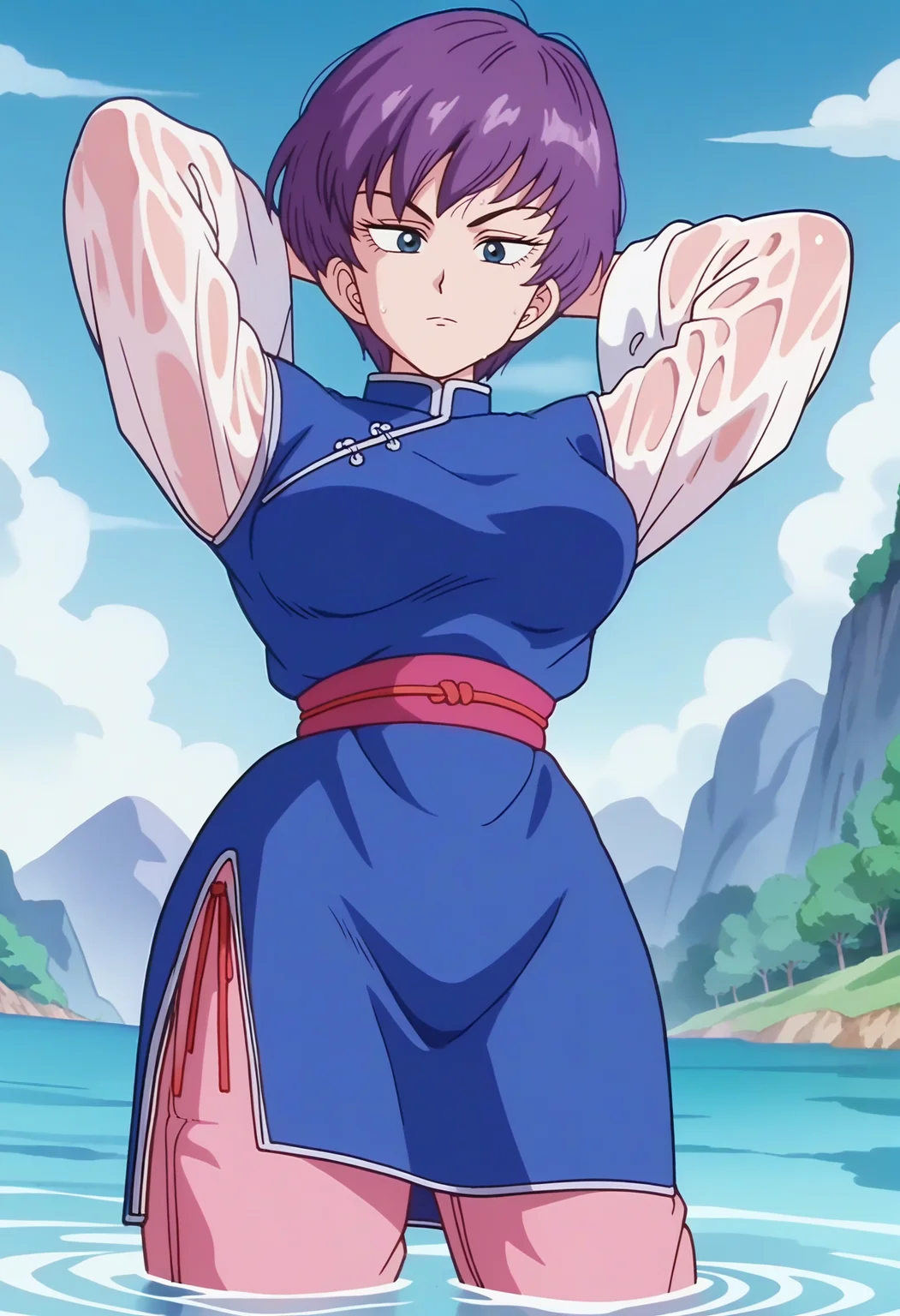 score_9, score_8_up, score_7_up, score_6_up, anime screencap, anime coloring, <lora:DBExtraGirl14:0.9>, DBExtraGirlFanfan, purple hair, short hair, dark blue eyes, breasts,
chinese clothes, long sleeves, sleeves past wrists, sash, side slit, pink pants,
looking at viewer, arms behind head, wet, wet clothes, see-through, from below, dutch angle,
BREAK day, blue sky, river, wading,