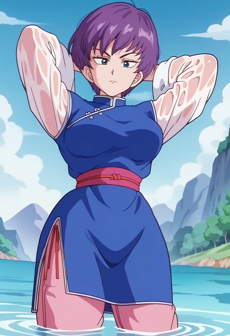 score_9, score_8_up, score_7_up, score_6_up, anime screencap, anime coloring, <lora:DBExtraGirl14:0.9>, DBExtraGirlFanfan, purple hair, short hair, dark blue eyes, breasts, 
chinese clothes, long sleeves, sleeves past wrists, sash, side slit, pink pants,
looking at viewer, arms behind head, wet, wet clothes, see-through, from below, dutch angle, 
BREAK day, blue sky, river, wading,