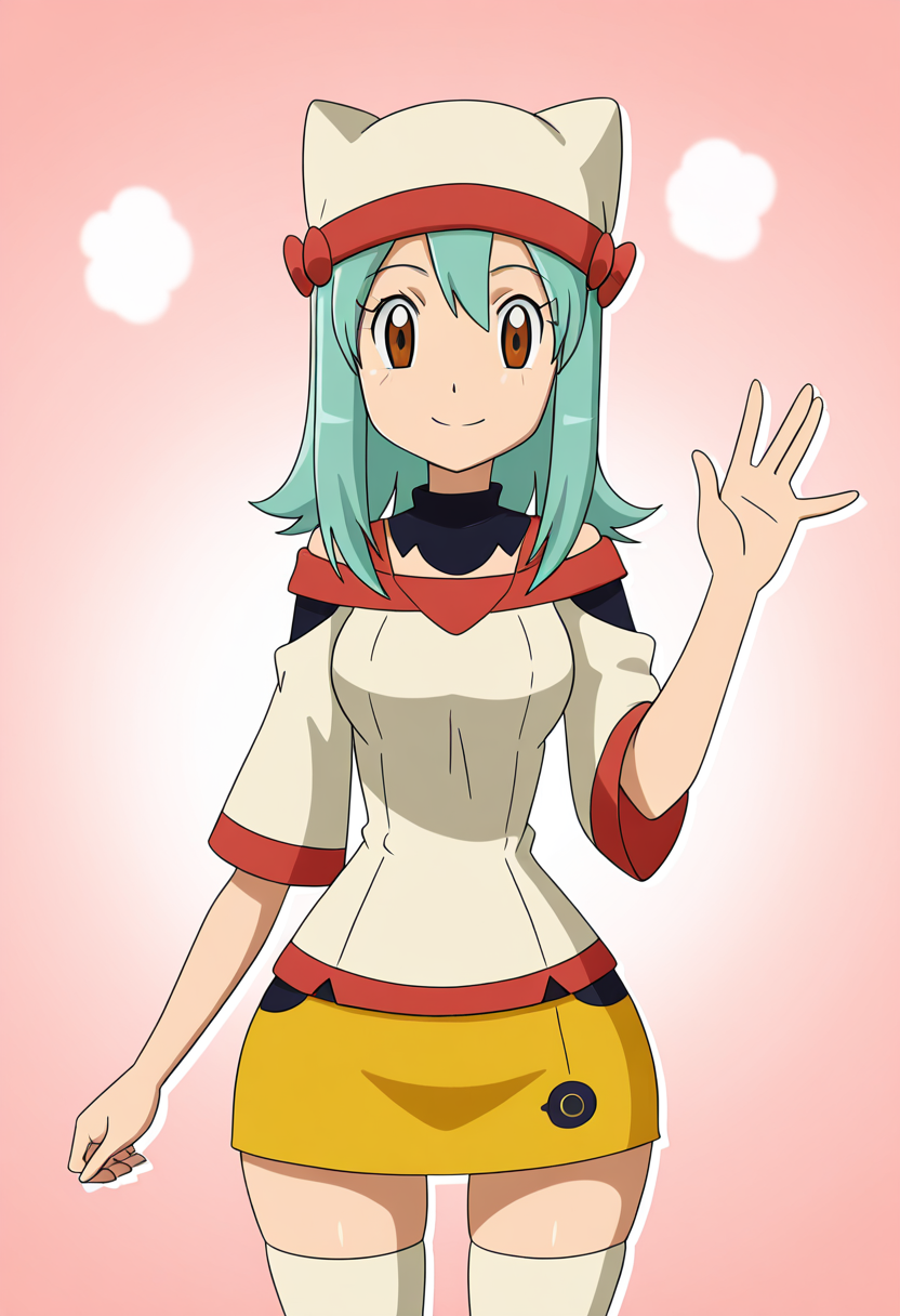 masterpiece, best quality, solo, curvy, beautiful eyes, large breasts, aged up, narrow waist, wide hips, 1girl, solo, smile, looking at viewer,    zzYumei, brown eyes, aqua hair,  animal ear headwear, white shirt, bare shoulders, yellow miniskirt, white thighhighs, zettai ryouiki  <lora:YumeiByKurumiErika_IXL:1.0>,  one hand raised, waving, standing pose, cowboy shot, smile,  looking at viewer,