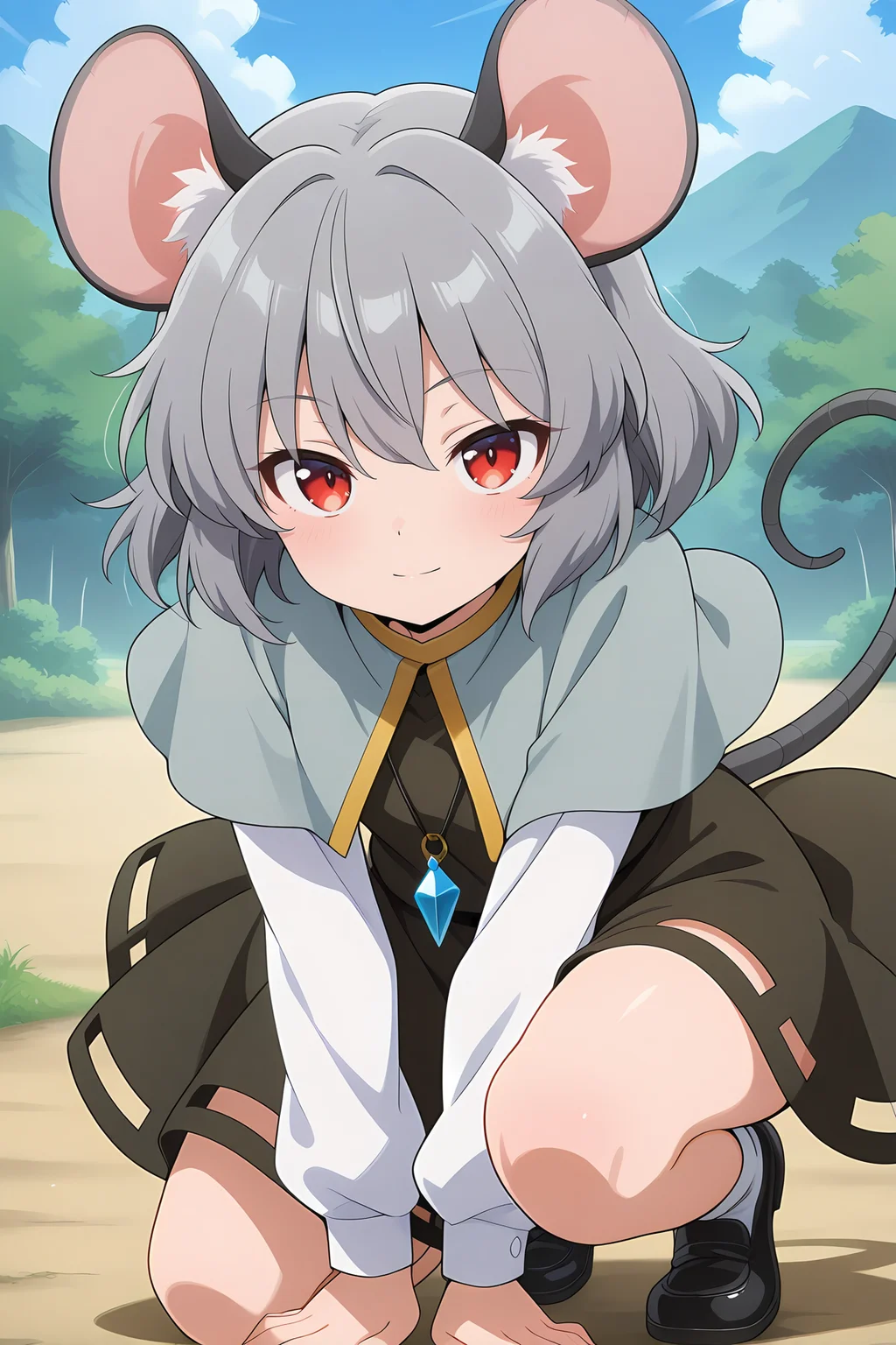 absurdres, highres, masterpiece, best quality, amazing quality, official anime artwork, screencap, anime screencap, outdoors, looking at viewer, light smile, dynamic pose,
<lora:Nazrin_illustrious:1> nazrin, 1girl, solo, red eyes, grey hair, short hair, mouse ears, mouse tail,, pendant, grey capelet, brown dress, long sleeves, white sleeves, white socks, black footwear,