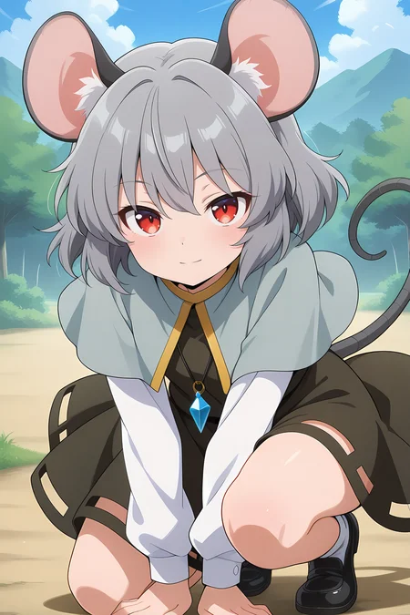 absurdres, highres, masterpiece, best quality, amazing quality, official anime artwork, screencap, anime screencap, outdoors, looking at viewer, light smile, dynamic pose,
<lora:Nazrin_illustrious:1> nazrin, 1girl, solo, red eyes, grey hair, short hair, mouse ears, mouse tail,, pendant, grey capelet, brown dress, long sleeves, white sleeves, white socks, black footwear,