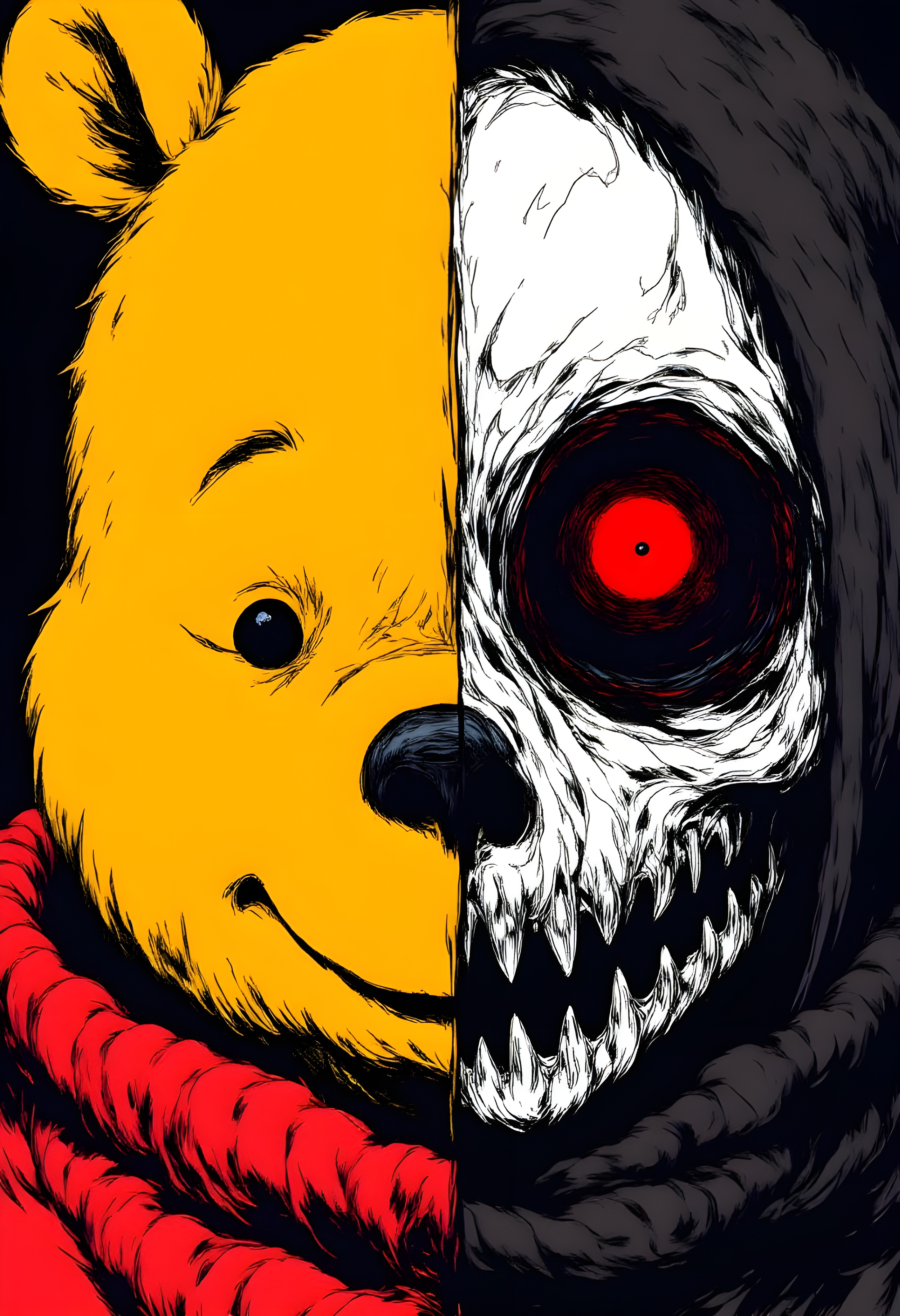 c1nna_sh4de, close-up of a geometric collage painted on a gothic anime Winnie-The-Pooh face, ultradetailed, photorealistic, vertical split down the middle, left half is yellow, cute and iconic, right half is monochromatic, unsettling and creepy.