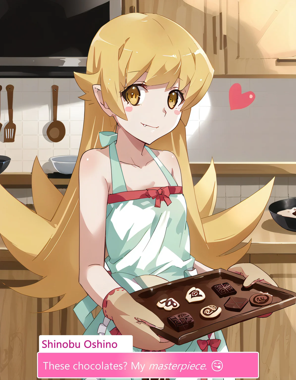 score_9, score_8_up, score_7_up, source_anime, anime screencap, baking valentines cookies, looking at viewer, blush, smile, gloves, holding, frills, food, indoors, apron, chocolate, cookie, oven mitts,
vintage-inspired kitchen, heart-shaped cookie cutters, festive themed mixing bowl, cinnamon and vanilla scent, delicate sugar decorations, cute baking apron with lace, softly glowing fairy lights,
warm wooden countertops, cookie dough rolled out, pink and white striped napkins, intricate chocolate drizzle, whipped cream piping bag, neatly arranged cookie tin, soft golden hue from oven light,
glass jar filled with heart candies, cozy homemade atmosphere, festive oven mitts with tiny hearts, gentle flour dusting over counter, pastel pink ceramic plates, love notes written on recipe pages, Shinobu Oshino, Blonde hair, Golden eyes, appearance, Pale skin, Fangs, Pointed ears, Elegant dress, Large ribbon, Small stature, Expressionless face, oshino shinobu,long hair,solo,blonde hair,yellow eyes,pointy ears,dress,white dress,blush stickers,bare shoulders,fang,