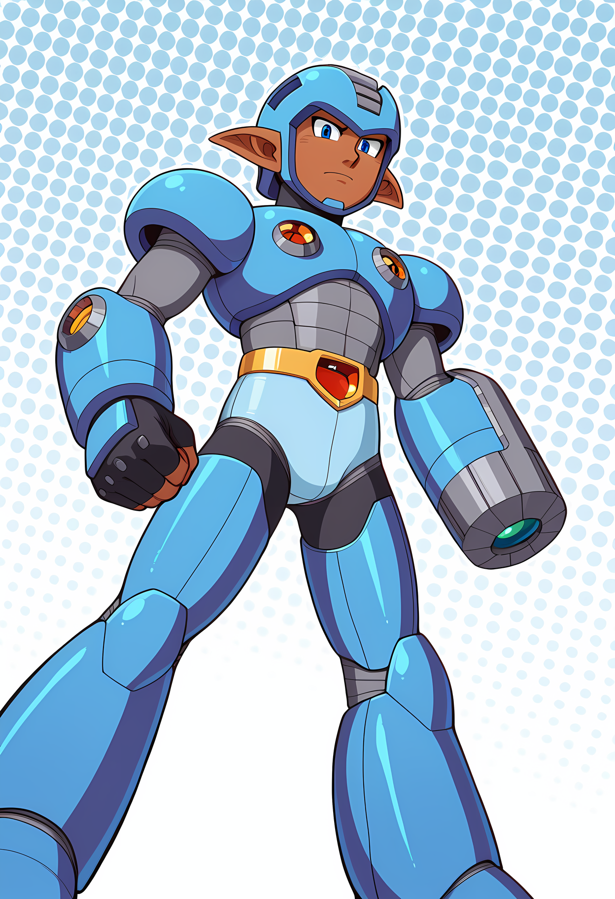 masterpiece, best quality, amazing quality, dutch angle, abstract background, BREAK
robotmaster, armor, android, robot, helmet,  BREAK
1boy, solo, male focus, khris_camel, dark skin, blue eyes, pointed ears, arm cannon, BREAK
<lora:cfg_scale_boost:.6> <lora:Robot_Master_-_Mega_Man_-_ILXL:1.0>  <lora:Khristofer_Camel_-_ILXL:0.7>