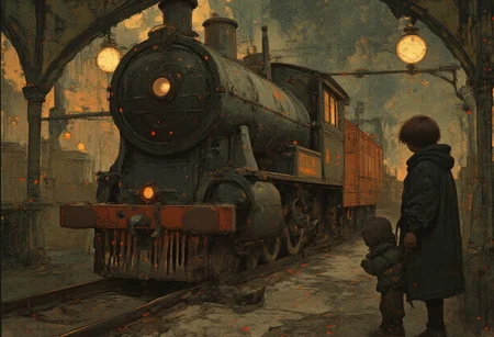 dr34ml4nd Deep within the tunnels of an underground railway station, a frantic conductor with coal-dusted skin and a grease-streaked uniform shakes his fists at a stalled locomotive. Around him, passengers grumble, their elaborate hats and heavy coats shifting uncomfortably in the sweltering heat of the steam-filled tunnel. The glow of gas lamps flickers overhead, illuminating the soot-streaked faces of workers scrambling to diagnose the problem. A rat scurries across the tracks, oblivious to the growing tension as the schedule begins to fall apart. Above, the streets of the city carry on, oblivious to the struggle below, their hum of industry uninterrupted. A small boy tugs on the conductoras coat, Fantastic lighting. Detailed shadows.intricate details, vivid colors, hyper-detailed, ultra-sharp, , <lora:Semi-realisticPortraitPainting:0.4> <lora:Let_It_Blaze_in_Crimson_anime_v1.0:0.6>