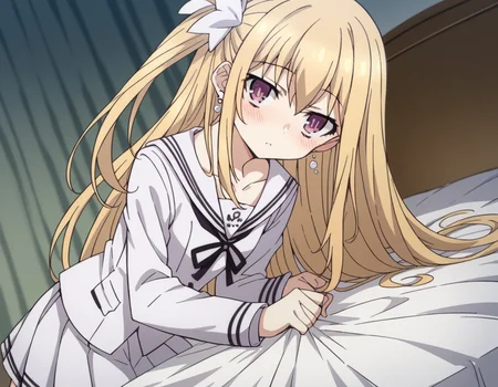 score_9, score_8_up, score_7_up, source_anime,
dalmayuri, <lora:dal-mayuri-movie-ponyxl-lora-nochekaiser:1>,
mayuri, long hair, blonde hair, hair between eyes, hair bow, one side up, bow, purple eyes,
shirt, ribbon, jewelry, school uniform, collarbone, earrings, serafuku, black ribbon, neck ribbon, skirt, white skirt, pleated skirt,
indoors, bed, bed room, on side, blush, drunk,
solo, dutch angle, looking at viewer, cowboy shot,