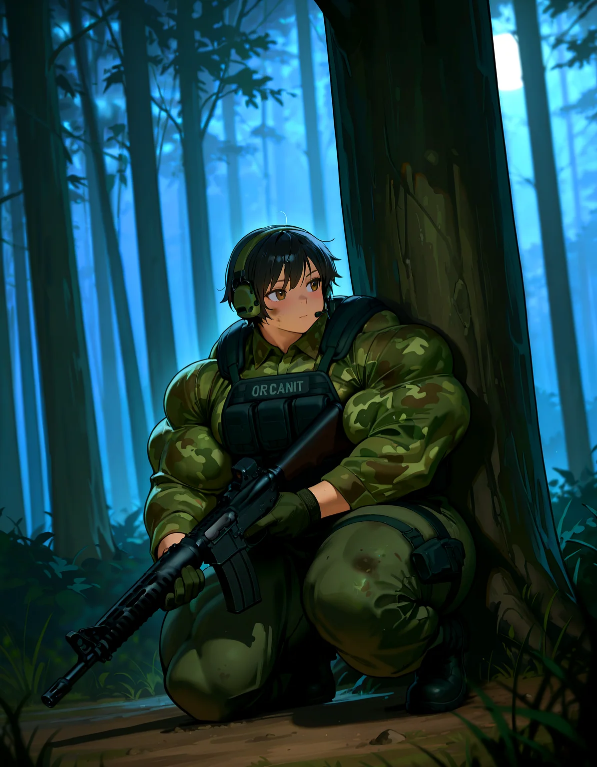 HDR, 8K, high contrast, masterpiece, best quality, amazing quality, very aesthetic, high resolution, ultra-detailed, absurdres, newest, scenery, dynamic angle, <lora:BUFFv2-3:1.2>, 1girl, solo, (huge muscles:1.1), broad shoulders, thick forearms, biceps, wide hips, thick thighs, soldier, short hair, black hair, brown eyes, tomboy, tactical, army uniform, forest camouflage, shirt, long sleeves, camouflage shirt, tactical vest, thigh holster, gloves, pants, combat boots, combat helmet, headset, ammo pouches, dirty clothes, holding weapon, rifle, m16, assault rifle, trigger discipline, kneeling, (on one knee:1.1), looking back, dirty on face, facing viewer, against tree, forest, trees, bushes, moonlight, night, outdoors, full body