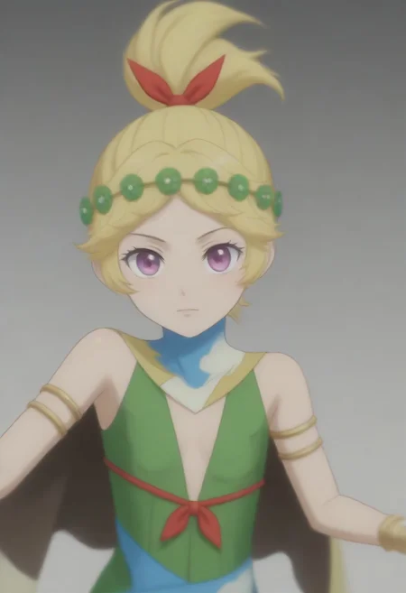 source_anime, anime screencap, source_anime, auratheguillotine, anime screencap, masterpiece, source_anime, shiny skin,,,,,, <lora:zs_DemeterXL:1> demetersmt, blonde hair, ponytail, head wreath, purple eyes, green dress, cleavage, cape, armlet, bracelet,