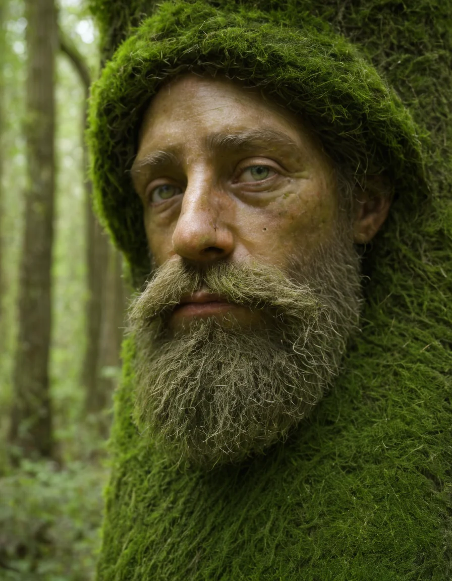 naturelora, natural statue, portrait, mossy beard, wooden skin, tree person