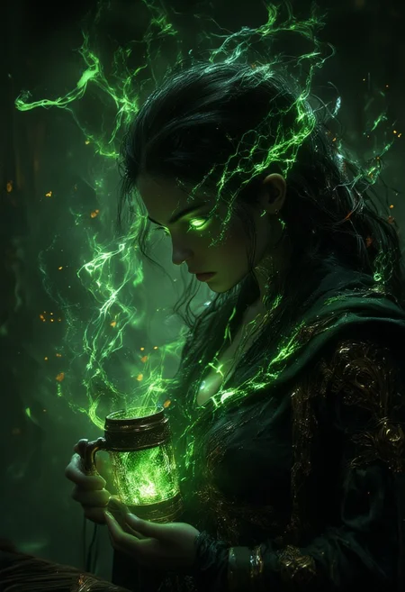 Abstract Lighting Effects, Hyperrealism, Midjourney Style, Photorealism, Cinematic, High Fidelity, Realism, Light Play, chiaroscuro, play of shadow and light, A surreal and elegant image featuring a poisonous green beer mugs with gold accents, from which steam rises to form the detailed and graceful silhouette of a woman's skulls. The woman's flowing hair merges seamlessly into the steam, with green shades highlighting the strands. The background is a gloomy green tones, green color that enhances the contrast and elegance of the cup and steam. The overall atmosphere is gloomy.