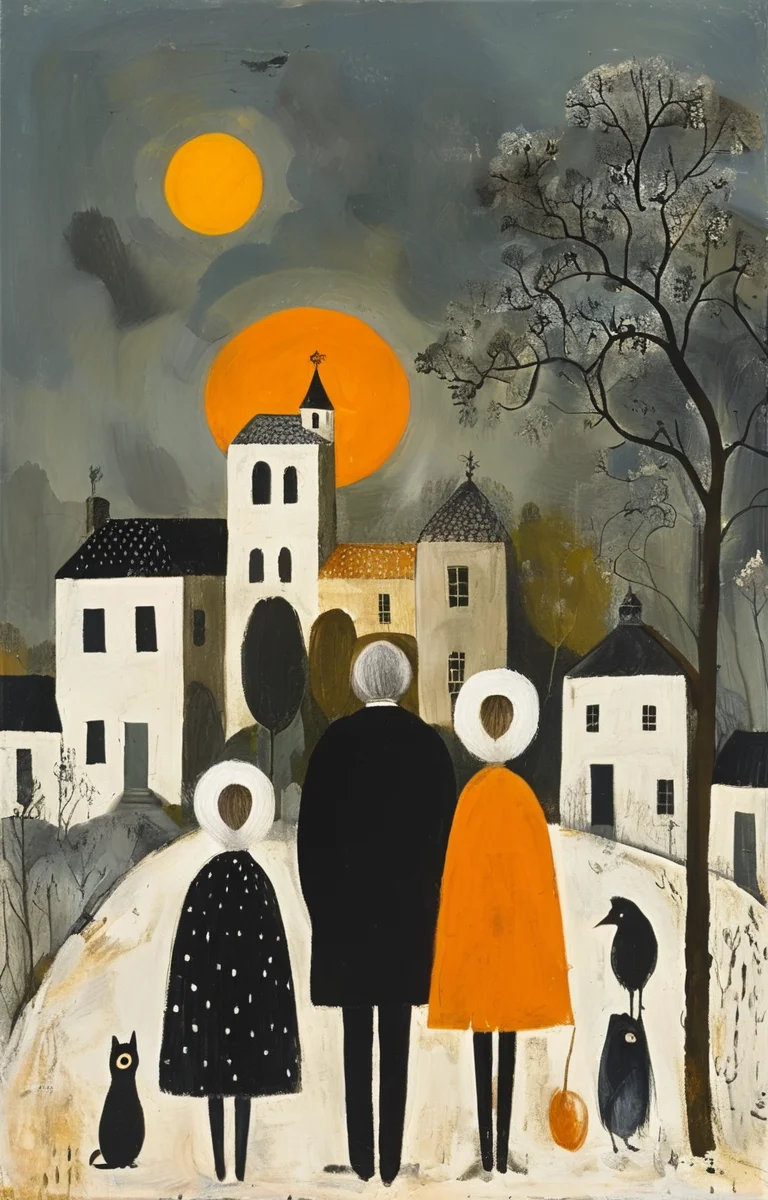 masterpiece,best quality,<lora:tbh198-sdxl:0.9>,illustration,style of Mary Fedden portrait of family