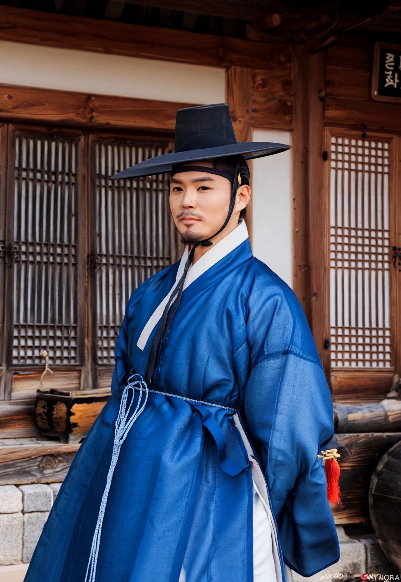 safe_pos, safe_pos, perfect anatomy, perfect proportions, best quality, masterpiece, high_resolution, high quality, (1boy, solo focus:1.4), male focus, male only, bara, mature, masculine, manly, handsome, alluring, seductive, heroic, cowboy shot, dutch angle, look at viewer, asian male, Korean male, dark eyes, dark hair,  facial hair, stubble, Korean clothing, male Hanbok, jungchimak\(Korean clothing\), blue jungchimak, blue Hanbok, closed clothes, side-knot closure clothing, single side-knot, manggeon\(Korean headband\), black headband, gat_hat\(Korean headwear\), black headwear, outdoor, korean architecture, hanok, black_chin_strap\(hat\),
