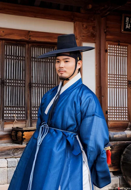 safe_pos, safe_pos, perfect anatomy, perfect proportions, best quality, masterpiece, high_resolution, high quality, (1boy, solo focus:1.4), male focus, male only, bara, mature, masculine, manly, handsome, alluring, seductive, heroic, cowboy shot, dutch angle, look at viewer, asian male, Korean male, dark eyes, dark hair, facial hair, stubble, Korean clothing, male Hanbok, jungchimak\(Korean clothing\), blue jungchimak, blue Hanbok, closed clothes, side-knot closure clothing, single side-knot, manggeon\(Korean headband\), black headband, gat_hat\(Korean headwear\), black headwear, outdoor, korean architecture, hanok, black_chin_strap\(hat\),