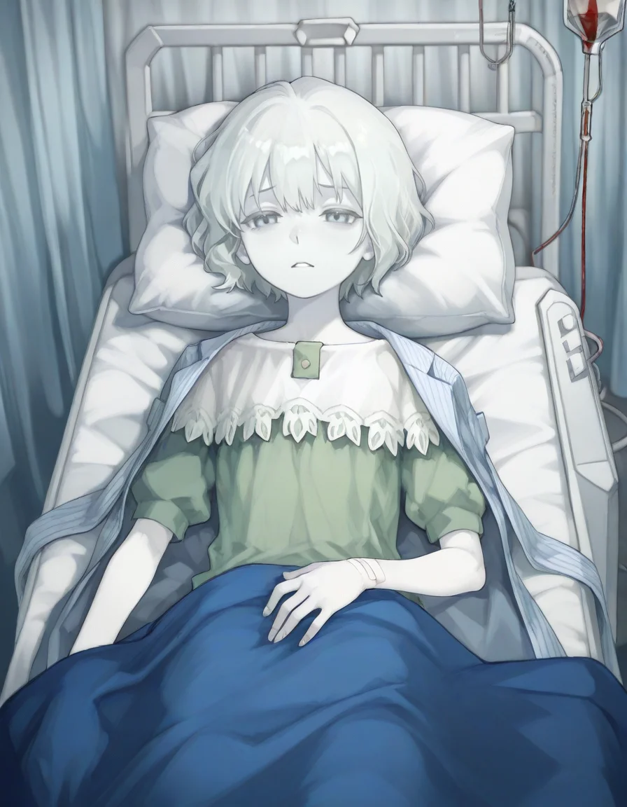 1girl, frail sick girl, pale skin, lying in hospital bed, weak but gentle expression, <lora:CristalloReverse1999:1> (masterpiece, best quality, high quality, highres, ultra-detailed),