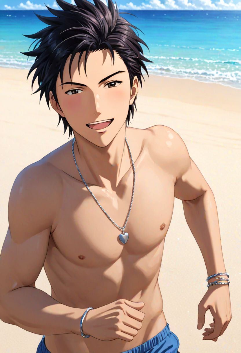 Highres, Masterpiece, High Quality, 4K, Soujiro Agata, 1boy, solo, black hair, Happy, shirtless, Simple Small Silver Necklace, Simple Bracelet, Running, Very Happy, Beach, sandy beach shore, Paradise Island,  Realistic Light, potrait, Candid Photo