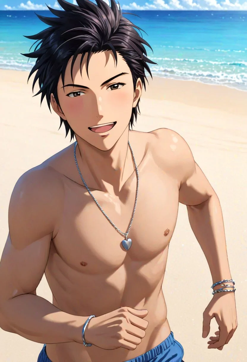 Highres, Masterpiece, High Quality, 4K, Soujiro Agata, 1boy, solo, black hair, Happy, shirtless, Simple Small Silver Necklace, Simple Bracelet, Running, Very Happy, Beach, sandy beach shore, Paradise Island, Realistic Light, potrait, Candid Photo