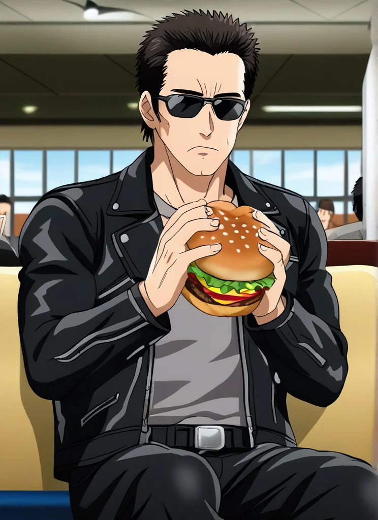 <lora:terminator2_t800:1>terminator2_t800,2ts hair,black leather jacket,black sunglasses,gray shirt,looking at viewer,detailed,4k,black leather pants,male,man,adult,anime style,mature man,anime screencap, sitting, restaurant background, holding burger, eating burger, food <lora:Anime_Screencap:1>