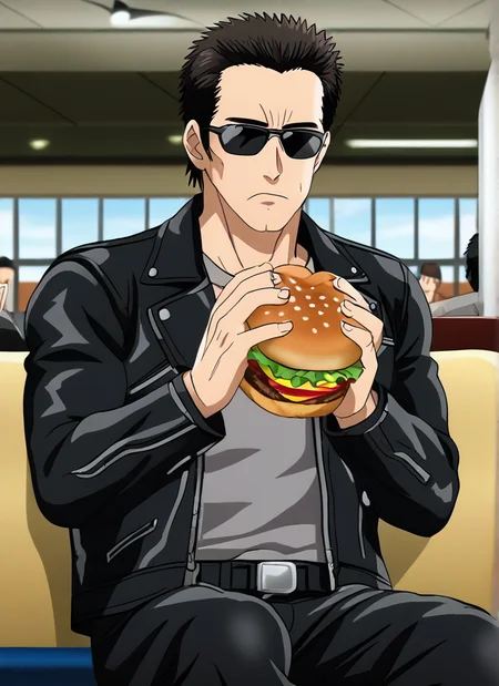 <lora:terminator2_t800:1>terminator2_t800,2ts hair,black leather jacket,black sunglasses,gray shirt,looking at viewer,detailed,4k,black leather pants,male,man,adult,anime style,mature man,anime screencap, sitting, restaurant background, holding burger, eating burger, food <lora:Anime_Screencap:1>